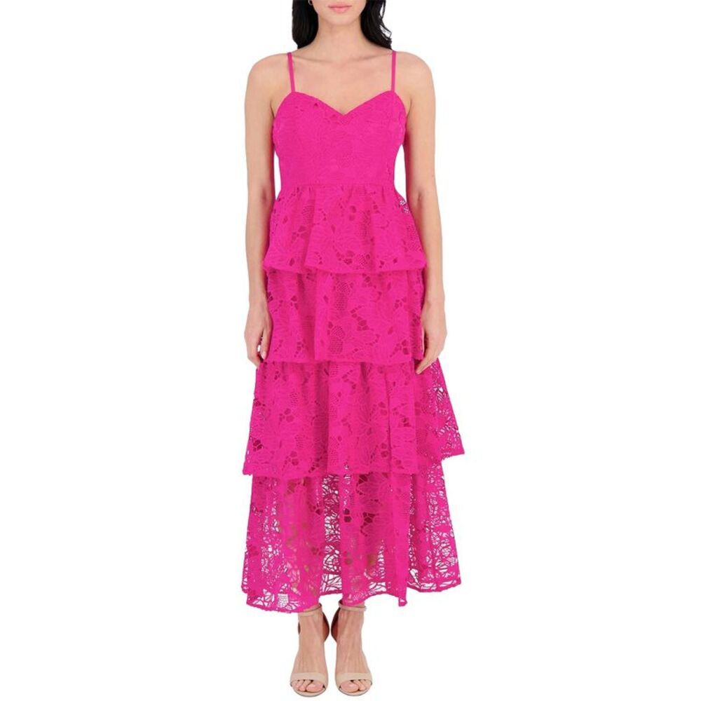 Siena Womens Embroidered-Lace Ruffle-Tiered Maxi Dress 6 Hot Pink - NWT $158